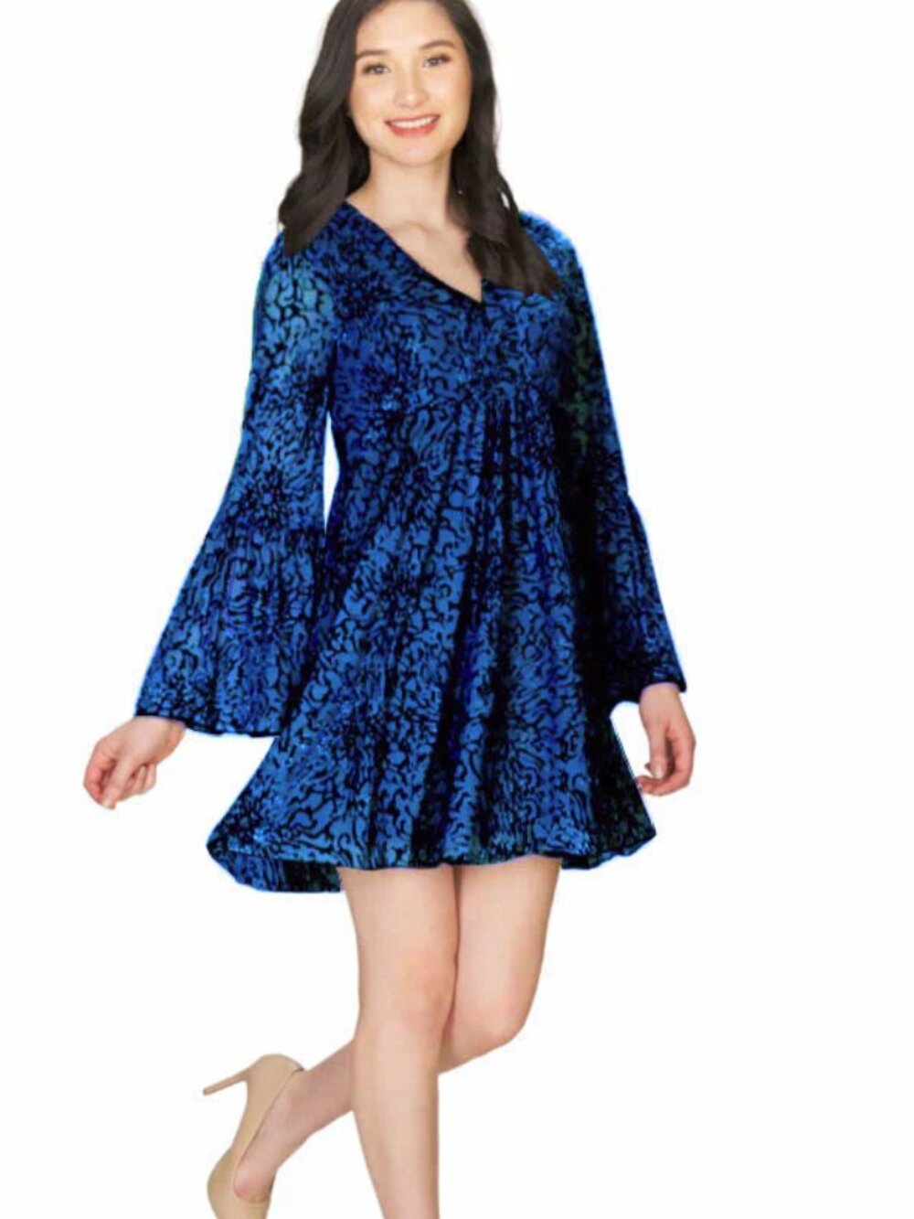 Papillon Burnout Velvet Damask Bell Sleeve Goth Tunic Dress Blue Black